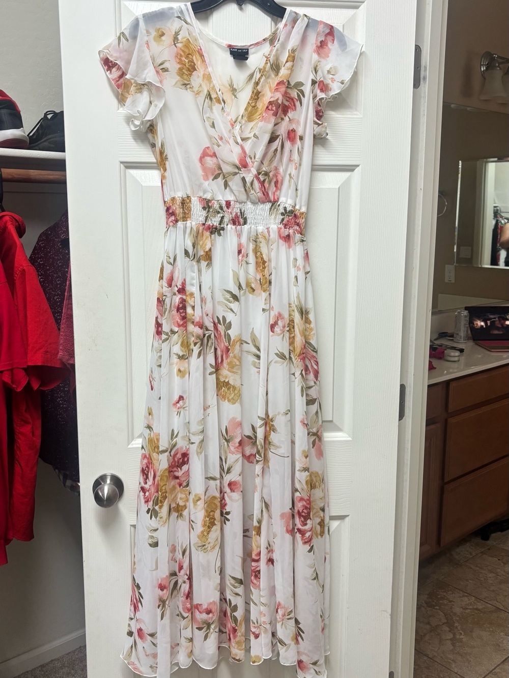 White Floral Maxi Dress with Pink & Gold Blooms